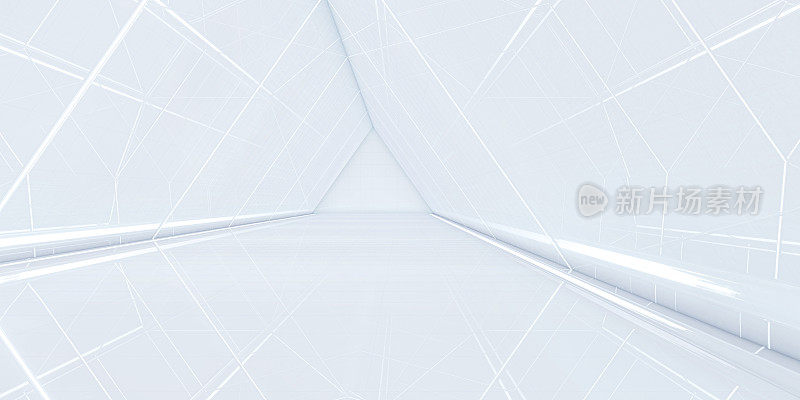 未来主义现代白色背景。摘要三角形隧道带光。科幻走廊的概念。3 d渲染。